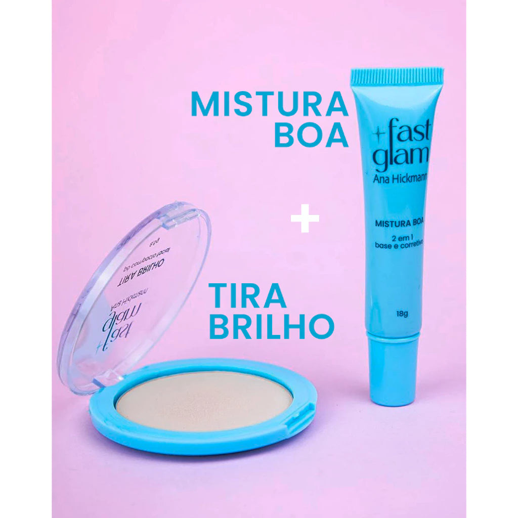 Kit Pó Compacto Tira Brilho + Base 2 em 1 Mistura Boa Maquiagem Ana Hickmann.