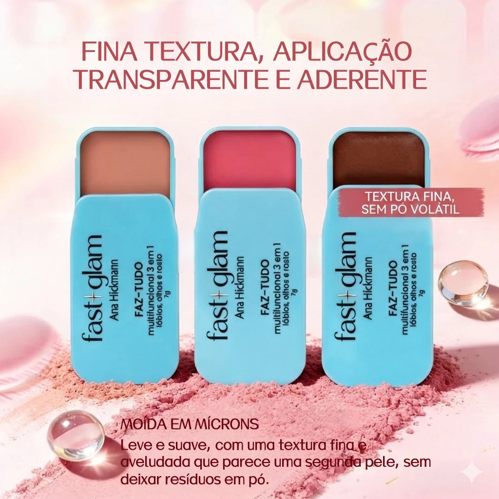 Maquiagem 3 em 1 Fast Glam Ana Hickmann | Lábios, Olhos e Rosto | Prática, Pigmentada e Versátil