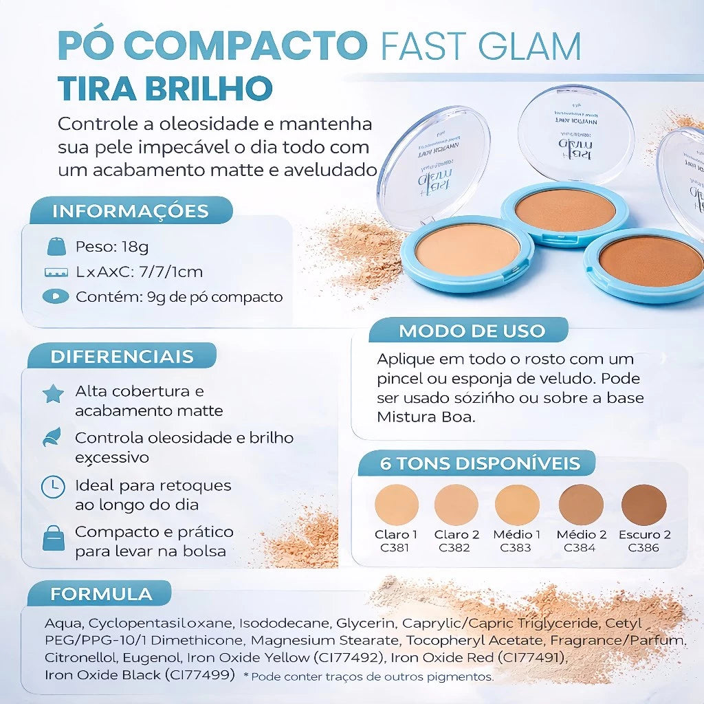 Pó Compacto Tira Brilho Fast Glam Ana Hickmann Alta Cobertura Matte 6 Tons
